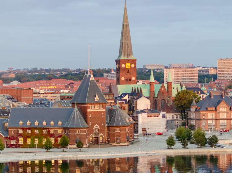 Aarhus, Denmark: Aerial view of waterfront with Aarhus cathedral and historical building Toldboden