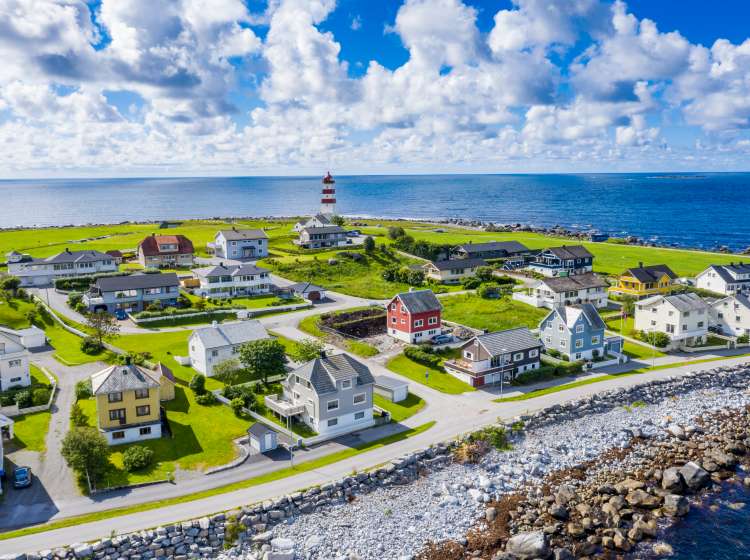 Aerial view of Alnes village and lighthouse, Godoya Island, Alesund, More og Romsdal County, Norway