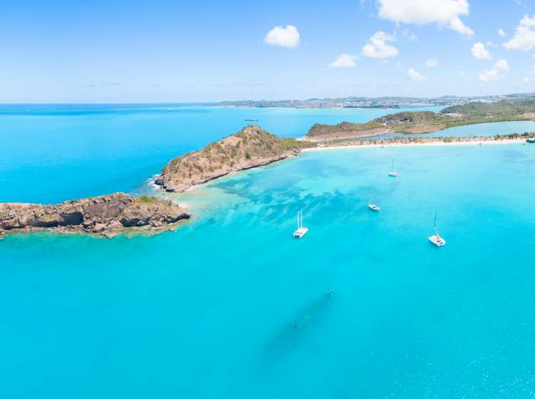Panoramic elevated view of Deep Bay, Antigua, Antigua and Barbuda, Caribbean, Leeward Islands, West Indies