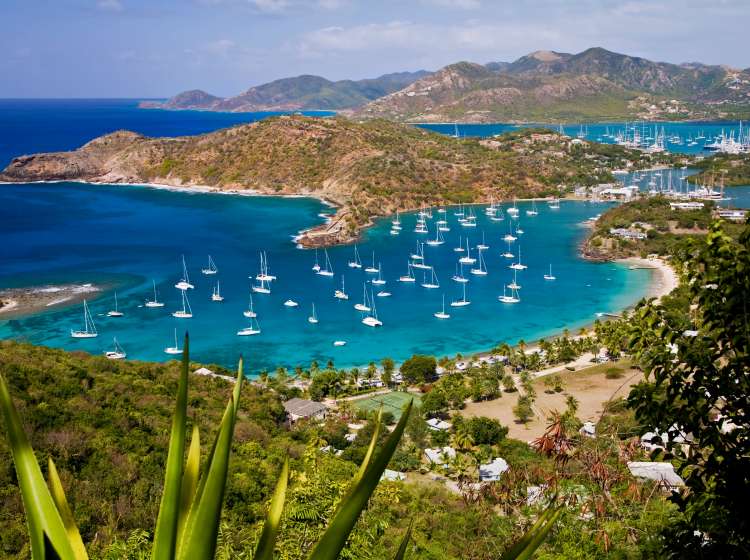 "English Harbour, Antigua in the Caribbean is a famous location as a hurricane hole and Nelson's dockyard.  Falmouth Harbour is in the background."