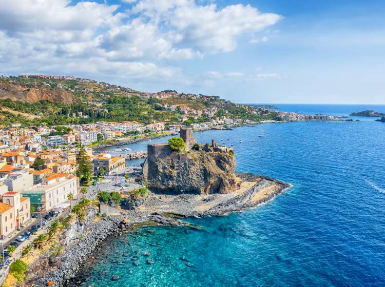 Landscape with aerial view of Aci Castello, Sicily island, Italy