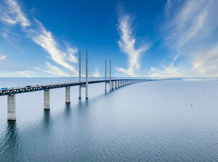 The Oresund bridge between Copenhagen Denmark and Malmo Sweden
