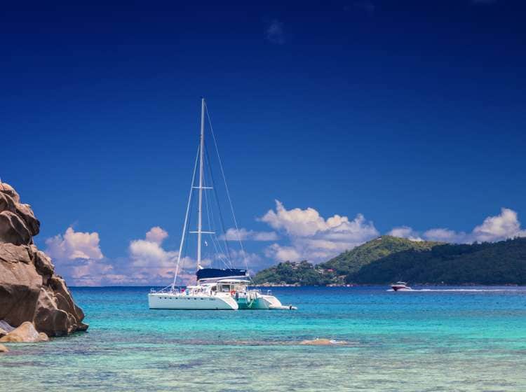 Ship landing near Anse Severe on La Digue Island, Seychelles