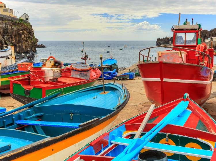 Beautiful view of the colored fisher boats in the Harbor of Camara de Lobos on the island of Madeira in summer