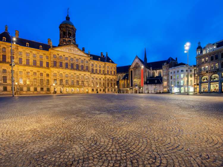 Royal Palace in Dam Square in the evening. Amsterdam, Netherlands. ; Shutterstock ID 443698930; Invoice Number: -