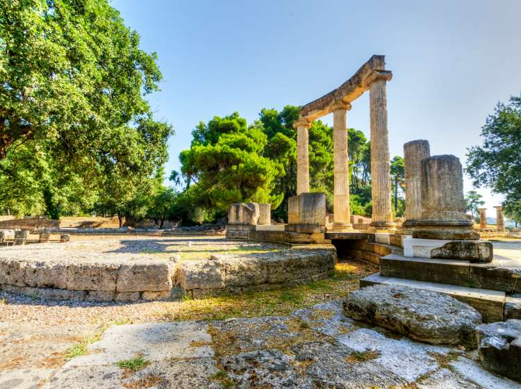 Ruins of the ancient site of Olympia, specifically the Philippeion in the Altis of Olympia, which was an Ionic circular memorial of ivory and gold. The Olympic games originate from there.