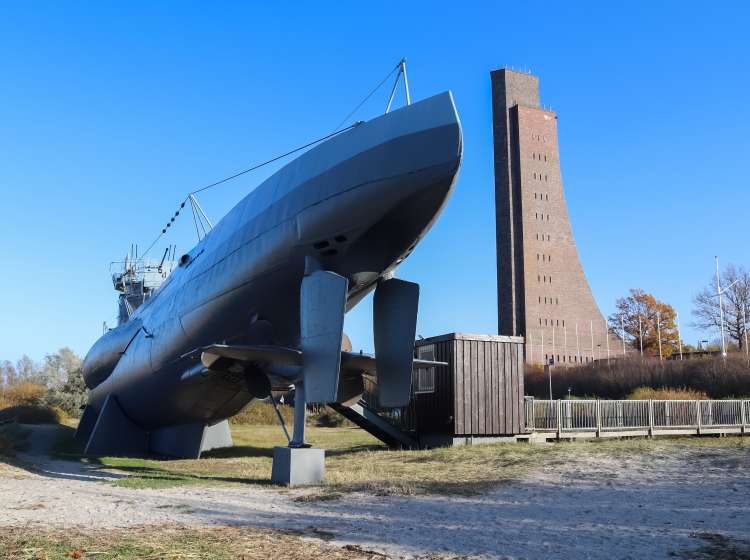 Laboe, Germany â November 08, 2020: Nice view at the submarine u-995 at the beach of Laboe in Germany on a sunny day