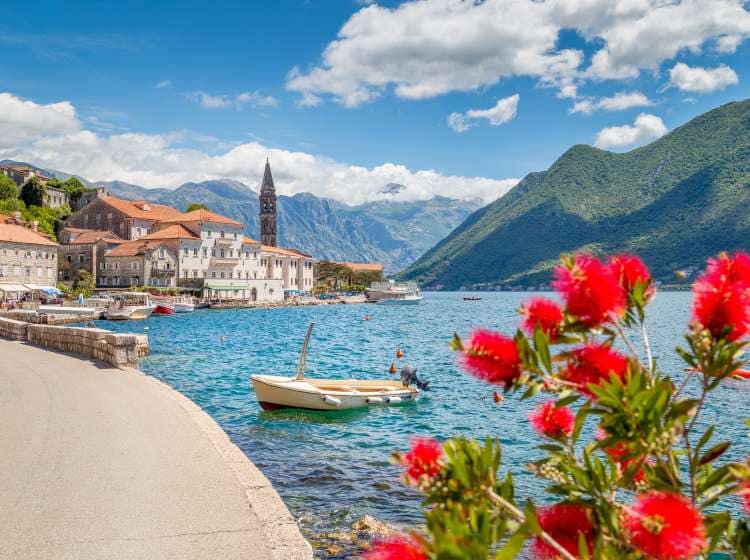 Scenic panorama view of the historic town of Perast at famous Bay of Kotor with blooming flowers on a beautiful sunny day with blue sky and clouds in summer, Montenegro, southern Europe