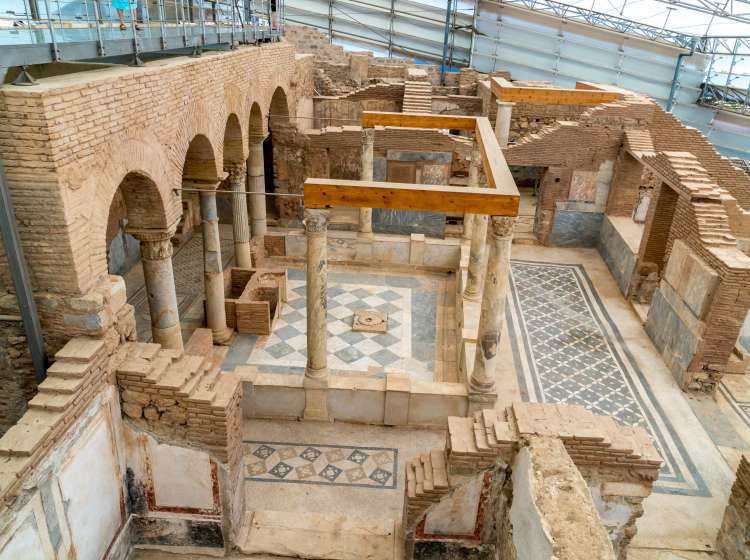 Terrace house ruins with mosaics and wall drawings, paintings in historical ancient city Ephesus, Izmir, Turkey.