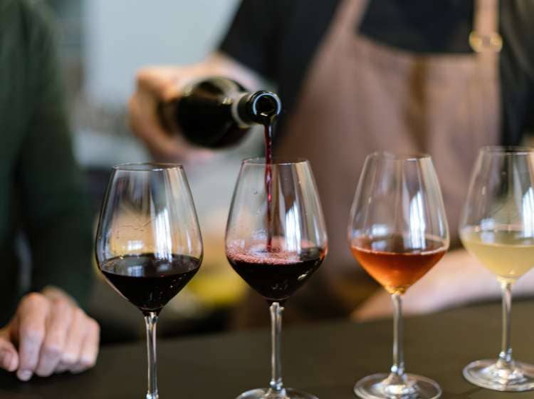 pouring different wines into the glasses arranged for the wine tasting on the counter