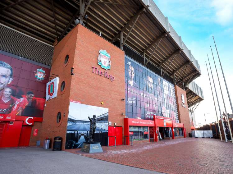 Liverpool, UK - May 17 2018: Anfield stadium, the home ground of Liverpool FC which has a seating capacity of 54,074 making it the sixth largest football stadium in England