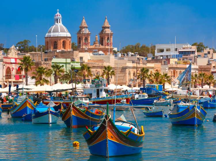 Panoramic view of boats at sea in Malta