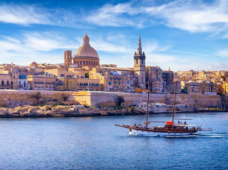 Malta - Mediterranean travel destination, Marsamxett Harbour and Valletta with Cathedral of Saint Paul