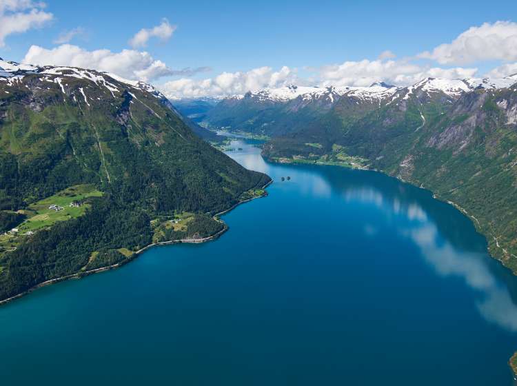 Aerial view of a fjord in Norway