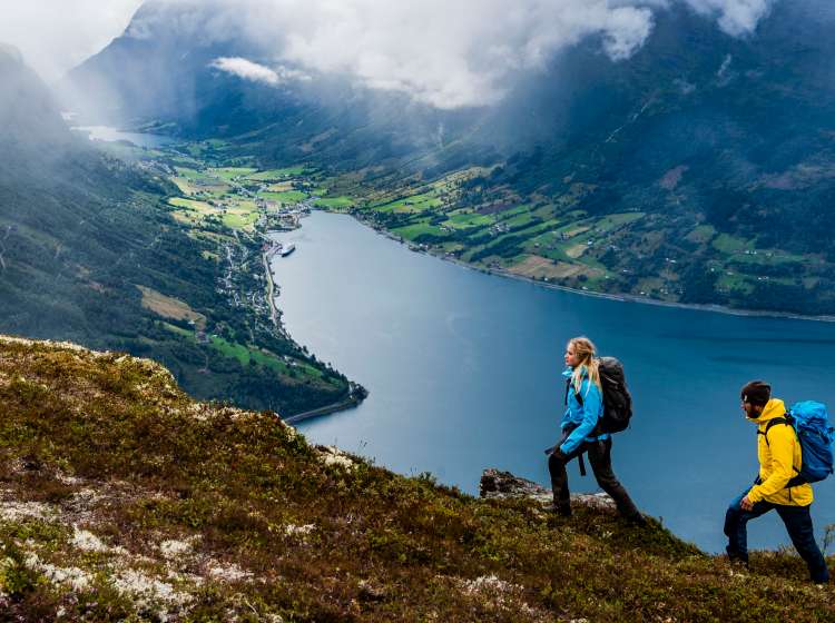 Liv Ljungström Hagström and David Kantermo hiking above Olden, Norway.