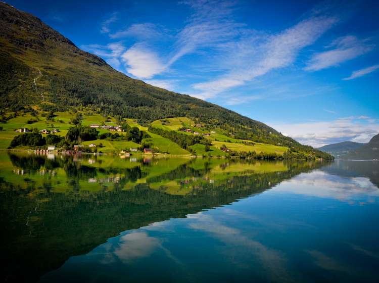 Refection of a fjord in Olden, Norway.