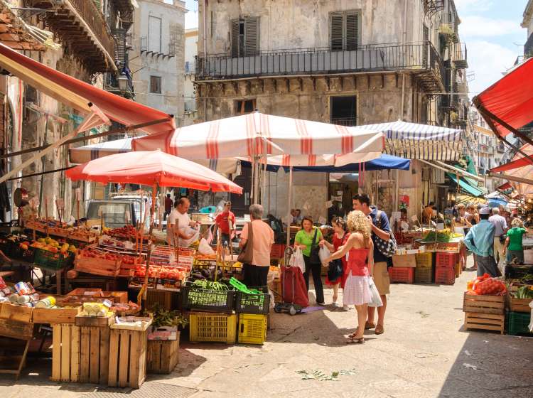 Palermo, Sicily, Italy - June 8, 2007: Fruit and vegetable stalls selling local produce in Ballaro street market