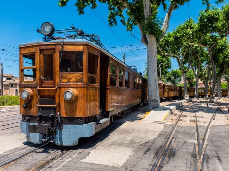 Historic electric train at Soller Trainstation, Mallorca, Balearic Islands, Spain. It operates between capital Palma de Mallorca and Soller and is an important tourist attraction nowadays.