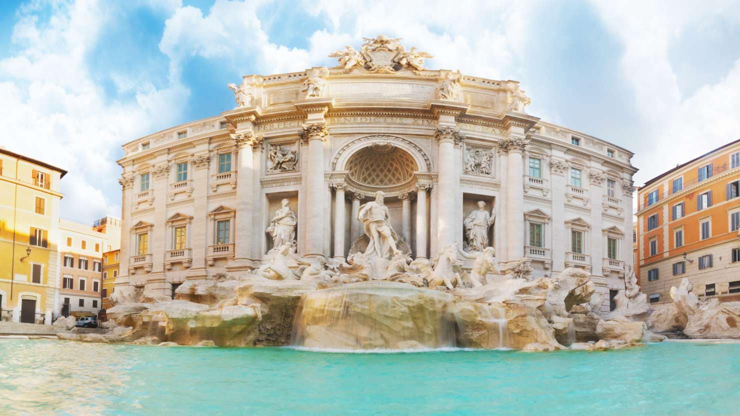 Fountain Trevi in Rome at sunrise time with amazing clouds on sky.; Shutterstock ID 697091353; Invoice Number: -