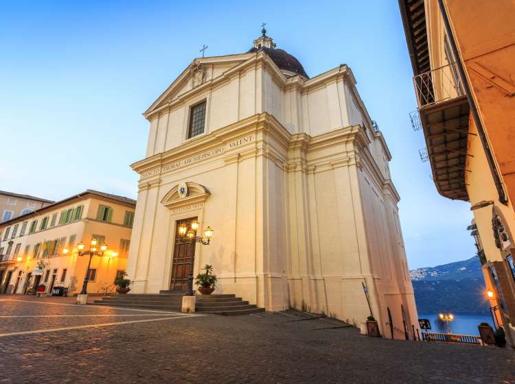  Collegiata di San Tommaso da Villanova at main square in Castel Gandolfo, pope's summer residency, Italy; Shutterstock ID 482506372; Invoice Number: -