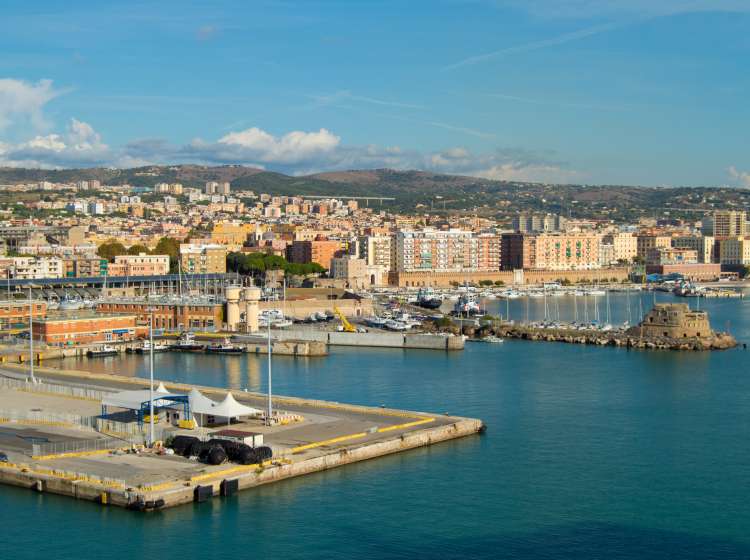 Beautiful panorama of Civitavecchia, the promenade, the port, the pier on a Sunny day, a picture from the Board of the cruise liner. Italy, 8 October 2018.; Shutterstock ID 1225203307; Invoice Number: -