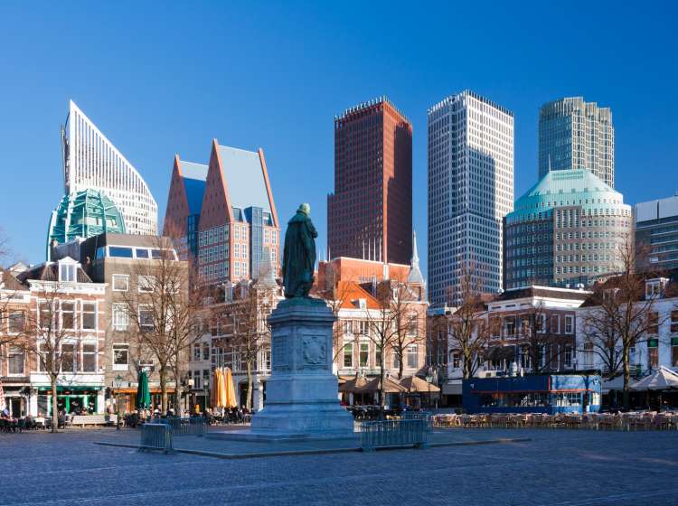 Plein square with statue of William the Silent and high-rise buildings - The Hague (Den Haag), South Holland, Netherlands.