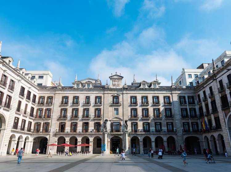 SANTANDER, SPAIN - AUGUST 21: Wide-angle view of the busy Plaza de Pedro Velarde in Santander, Spain, built in neoclassical style in 1950 after a great fire in the city, on August 21, 2015.; Shutterstock ID 425884435; Invoice Number: -