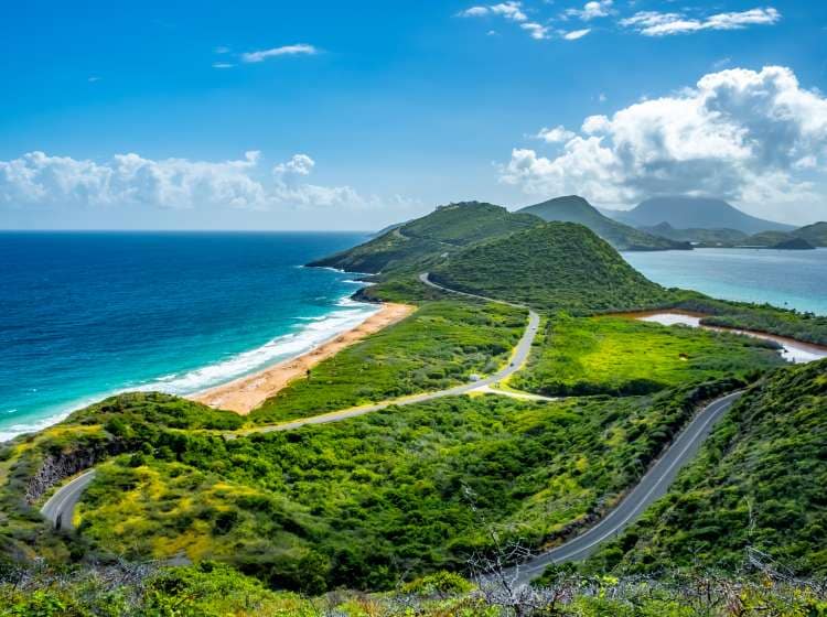 A Panoramic view of Saint Kitts with Nevis Island in the background.