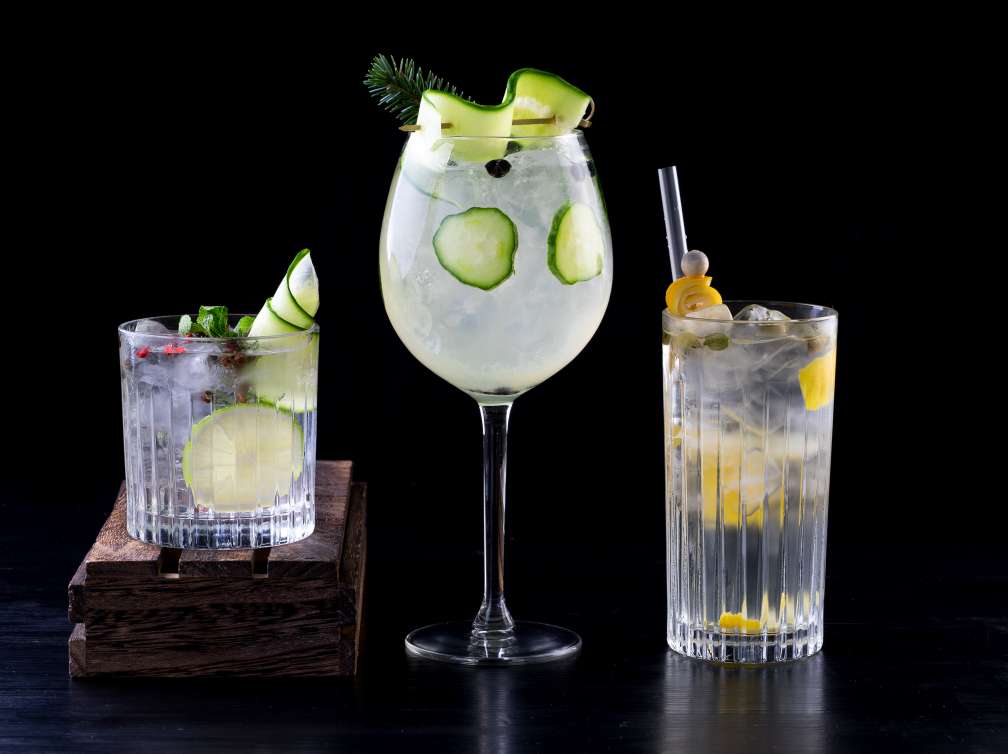 various gin tonic mixed fancy drink cocktail garnish glass plain background; Shutterstock ID 788549440; Invoice Number: -