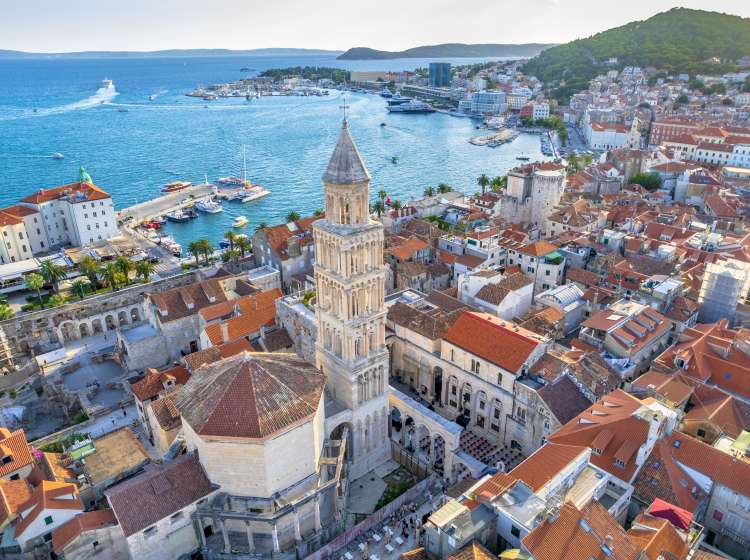 Aerial view of Diocletian's Palace, a UNESCO World Heritage Site, in the old town of split, Croatia's second-largest city and the largest city in theÂ DalmatiaÂ region, in Split-Dalmatia County, southern Croatia.