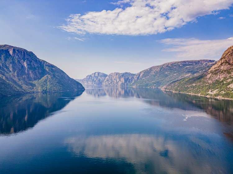 Reflecting mountains in the water, Lystrefjord, Norway