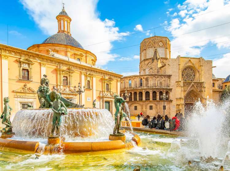 Panorama of Valencia old town and Turia fountain, Spain travel photo