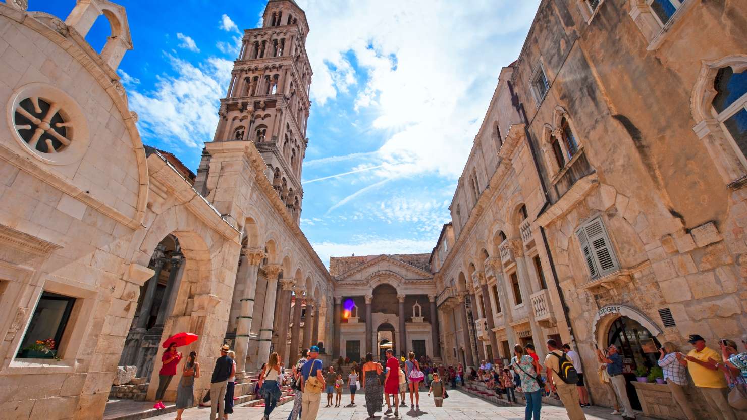 Split, Croatia - September 21, 2016: Tourist and locals walking on the Peristil of the Diocletian's palace