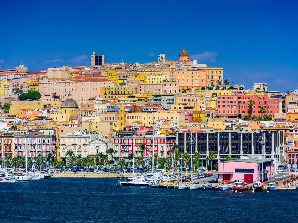 Cagliari city behind the marina in Sardinia, Italy
