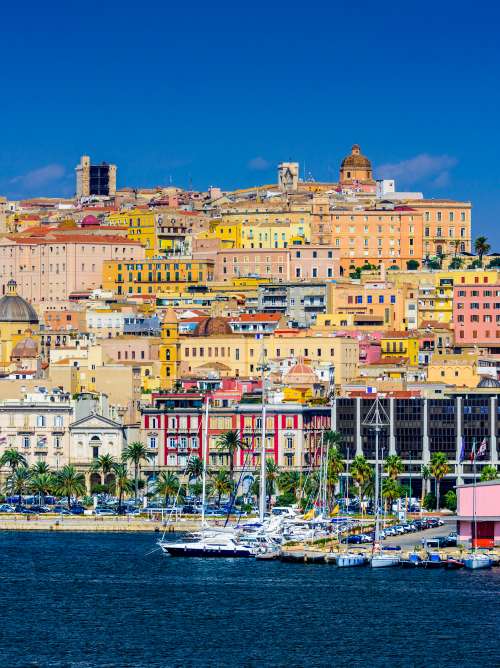 Cagliari city behind the marina in Sardinia, Italy