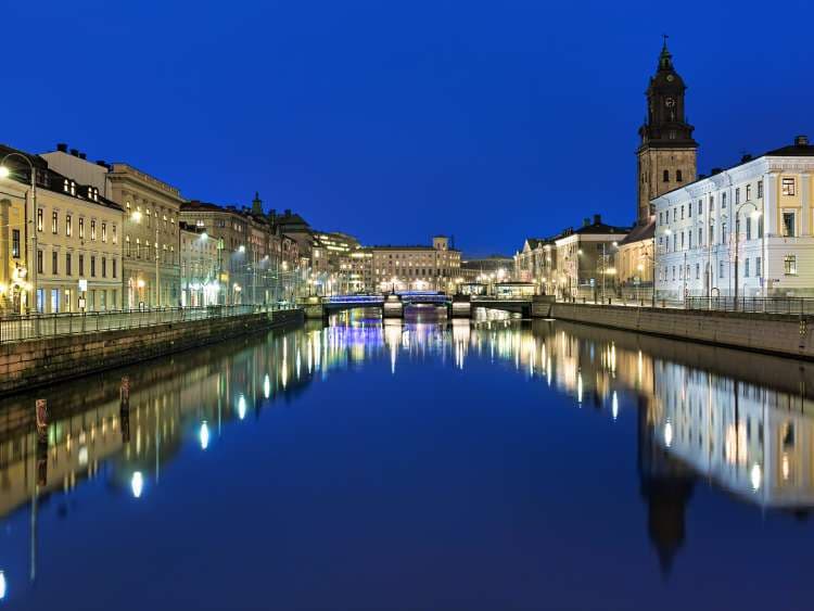 Evening view of the Big Harbor Canal and German Church (also called Christinae Church) in Gothenburg, Sweden; Shutterstock ID 371184362; Invoice Number: -