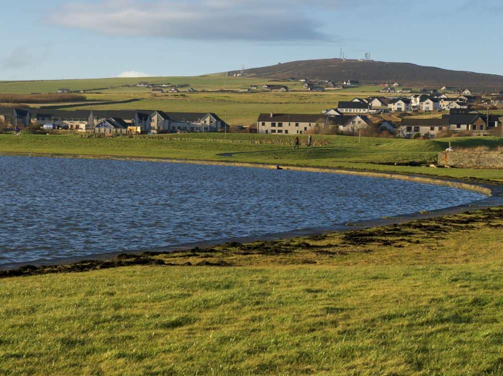 Green fields with houses and a lake