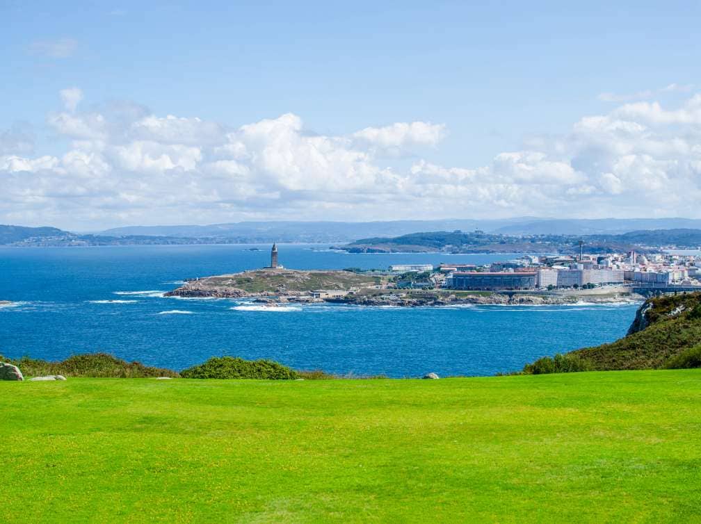 Buildings on an island surrounded by water