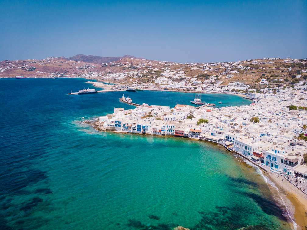 Harbour and white houses in Mykonos, Greece