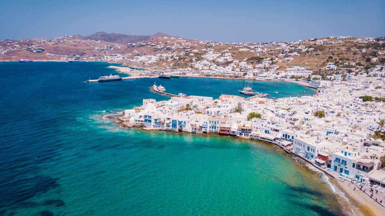 Harbour and white houses in Mykonos, Greece