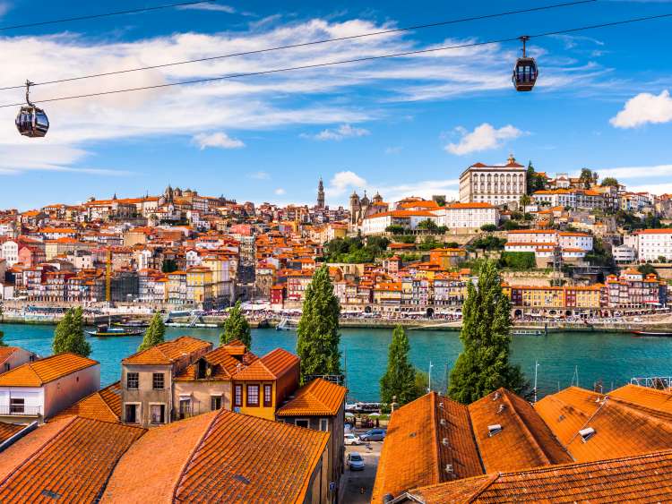 Cable cars on the Douro River in Porto, Portugal