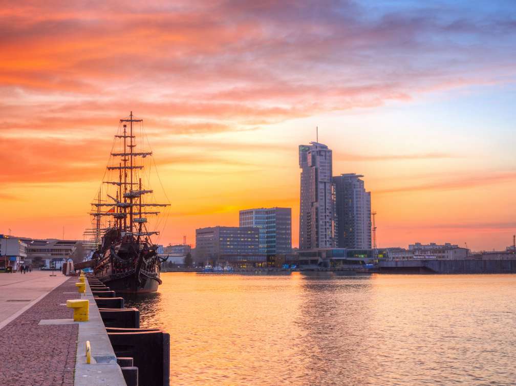 Pirate ship docked in Gdynia city in Poland at sunset