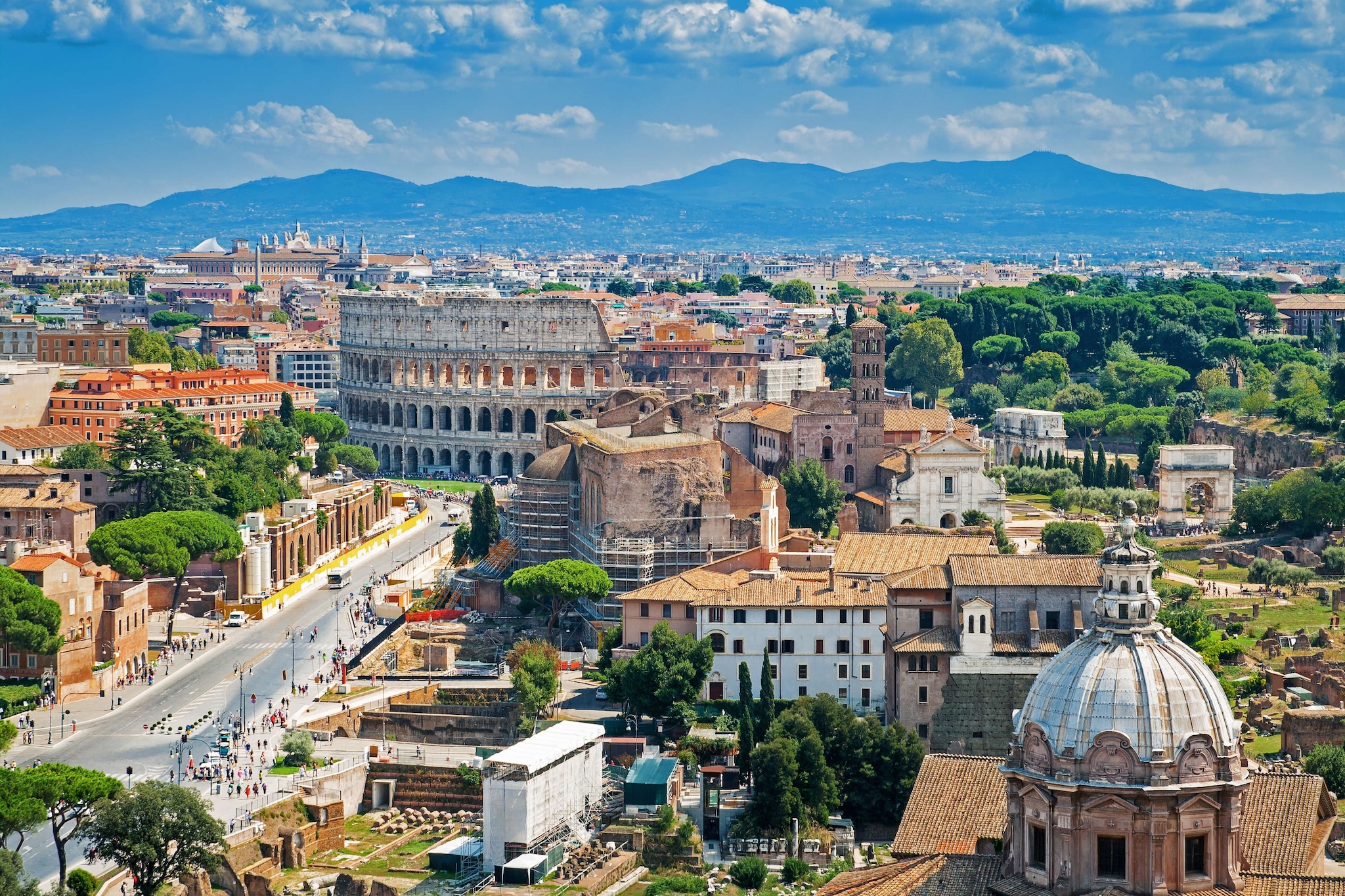 Sky view of Rome Colosseum and surroundings