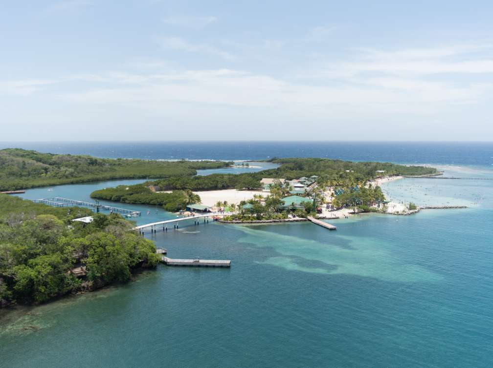 Aerial view of two islands connected by a bridge