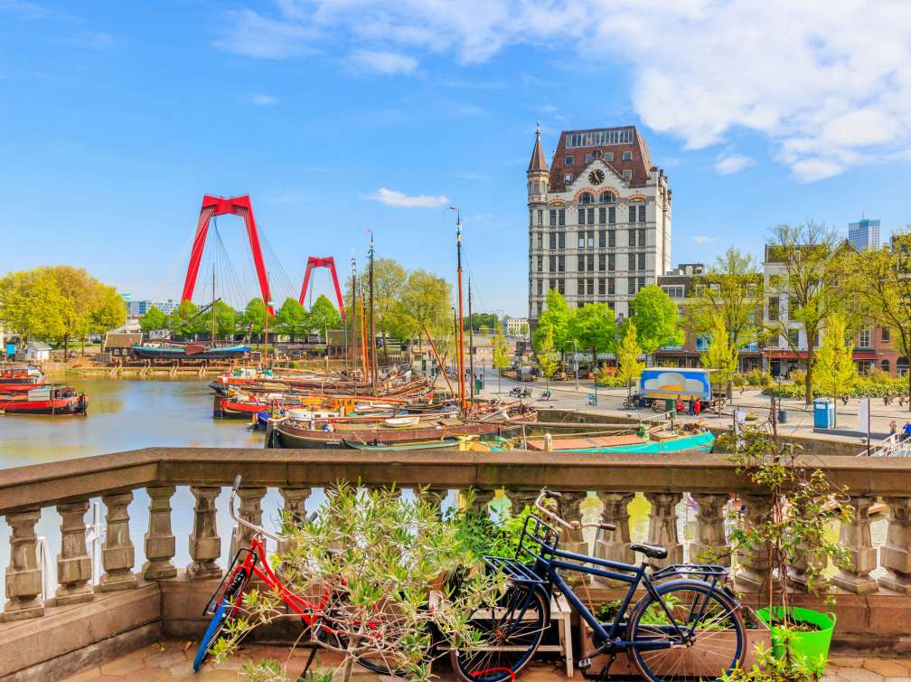 The Old Harbor, or Oude Haven, of Rotterdam with the Willemsbrug bridge and Openlucht Binnenvaart Museum