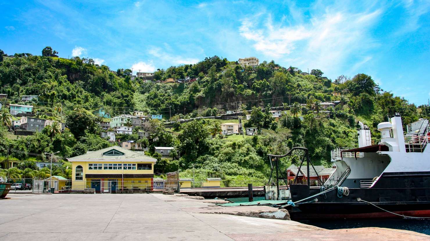 small ferry docking in by little village