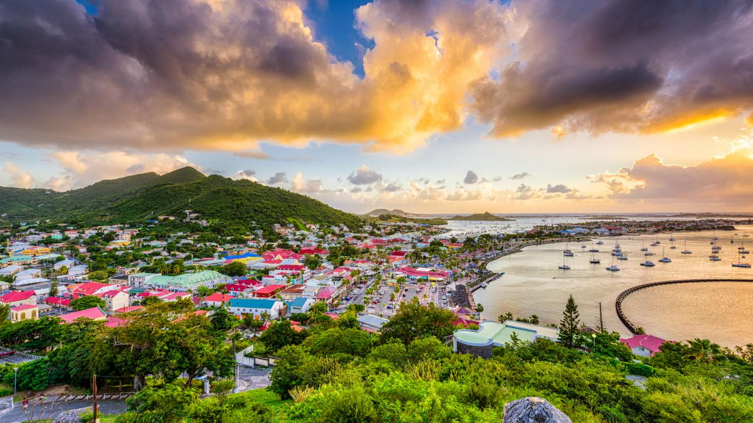 Houses and the boats in the bay in St. Maarten