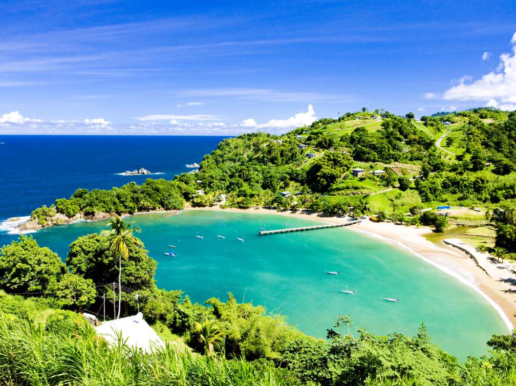 Mountain view of beautiful beach and sea below