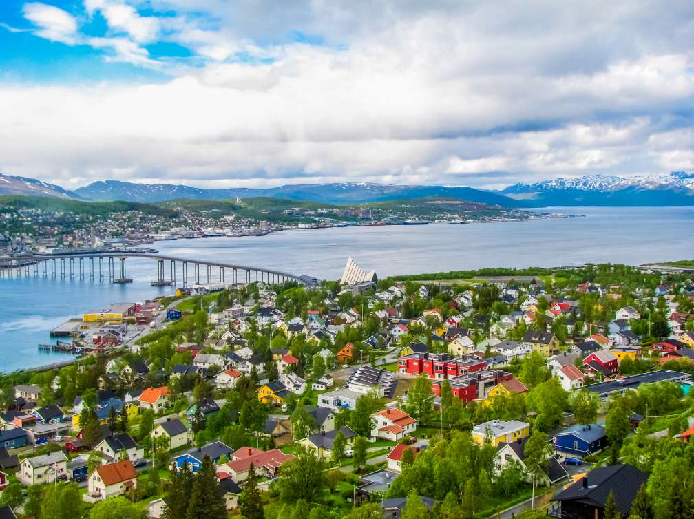 View of Tromsø Bridge in the city of Tromsø in Norway. The bridge crosses the Tromsøysundet strait between Tromsdalen on the mainland and the island of Tromsøya.