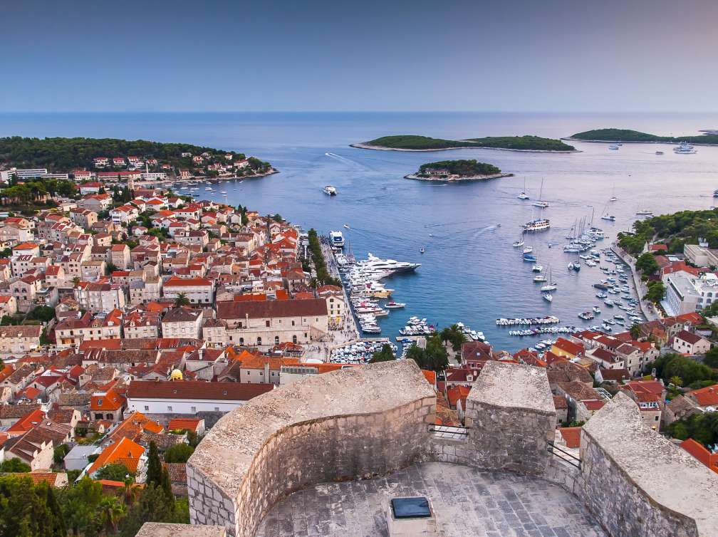 Castle view overlooking town and sea